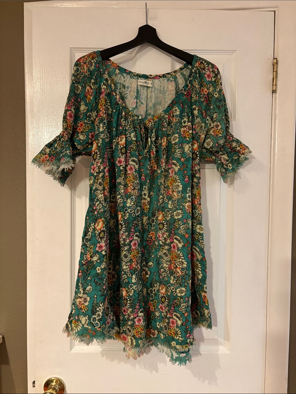 NATURAL LIFE Teal Floral Peasant Dress with Pink & Yellow Accents